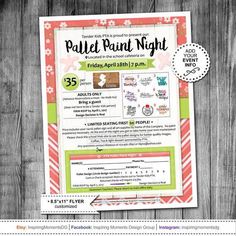 a flyer for paint night with flowers and stripes on the front, and an image of a