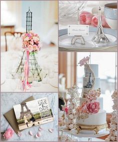 a collage of photos with pink flowers and eiffel tower in the background