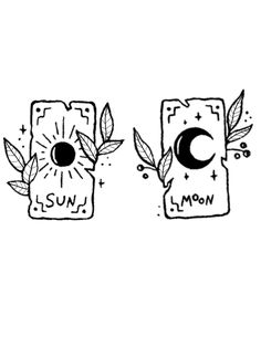 two small bags with leaves on them and the words moon, sun and moon written in black ink