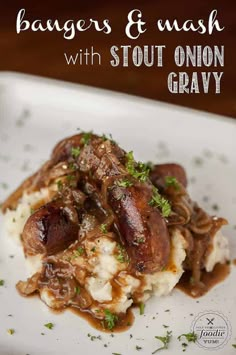 Bangers and Mash with Stout Onion Gravy is a traditional quick and easy dinner made from sausages, buttermilk mashed potatoes, and a savory gravy loaded with onions. This recipe originated from the British Isles and can be made with any kind of sausage. The Irish Stout adds intense flavor to the sausage and the gravy. #bangers #andmash #irish #guinness #recipe #howtocook #sausage Bangers And Mash Recipe British, Bangers And Mash Recipe Irish, Sausage And Mashed Potatoes, Cooked Sandwiches, Bangers And Mash Recipe, Foreign Recipes, English Dishes, Celebration Food, British Foods