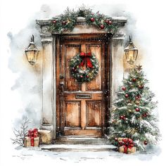 a watercolor painting of a christmas door