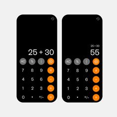 two black and orange calculator screens with numbers on the front, side and back