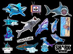 various shark stickers on a black background