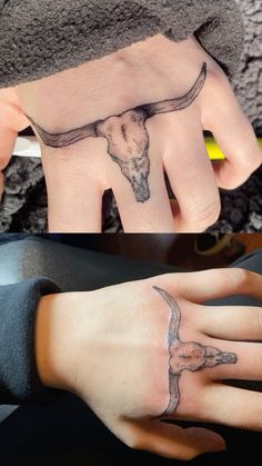 two different tattoos are shown on the fingers and hand, one with a cow skull