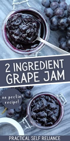 two jars filled with grape jam next to some grapes on a wooden table and the words, 2 ingredient grape jam no pectin recipe practical self reliance