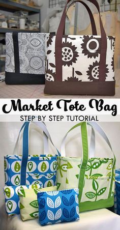 three bags with different designs on them and the words market tote bag step by step