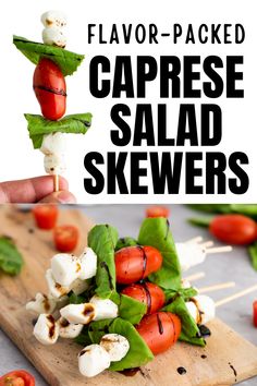 Close-up of Caprese skewers with mozzarella, tomatoes, and basil arranged on a wooden platter