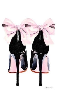 a pair of high heeled shoes with pink bows on the toes and black heels