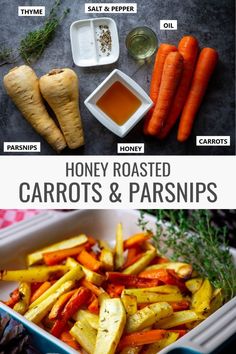 carrots, onions and parsley are shown in this recipe for honey roasted carrots and parsleys