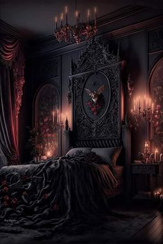 a gothic bedroom decorated in black and red with an elaborate headboard, chandelier and bed linens