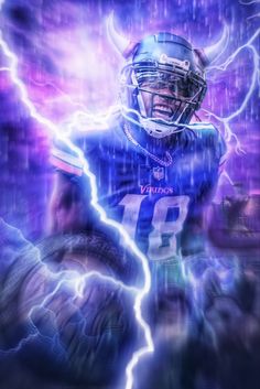 a painting of a football player in the rain with lightning coming out of his helmet