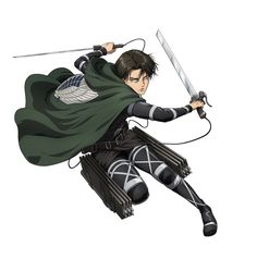 an anime character holding two swords in one hand and wearing a green cape on the other