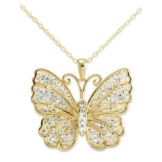 The Brilliance Crystal Butterfly Gold-Tone Sterling Silver Pendant Necklace will beautifully compliment any outfit. The clear crystal catches the light making the pendant sparkle and shine. The graceful butterfly pendant is suspended from an 18" cable chain with an easy-to-use spring-ring clasp. Formed from gold-tone sterling silver, this pendant necklace is as durable as it is beautiful. All brilliance jewelry comes in a cute high-quality gift box perfect for holidays, birthdays, and special occasions Size: one size.  Gender: female.  Age Group: adult. Chanel Fine Jewelry, Jcpenney Fine Jewelry, Cinderella Party, Crystal Butterfly, Pretty Pendant, Butterfly Pendant Necklace, Yellow Butterfly, Butterfly Jewelry, Silver Butterfly