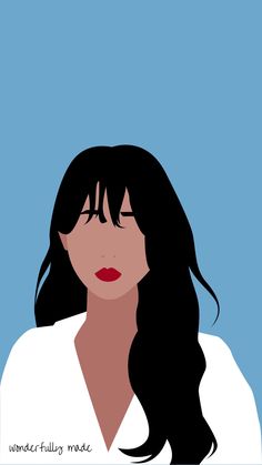 a woman's face with long black hair and red lipstick, against a blue background