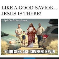 an ad for jesus is there with two men and a woman standing next to a car