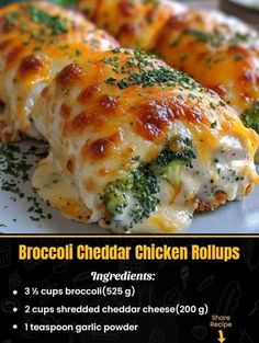 broccoli cheddar chicken rolls on a white plate with cheese and herbs