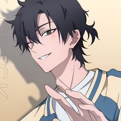 an anime character with black hair and glasses making the v sign while standing in front of a wall