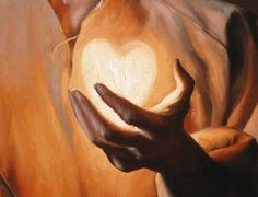 a painting of a person holding a horse's hand with the light shining through it