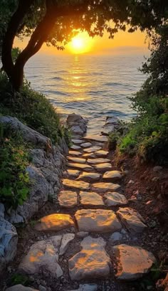 a stone path leading to the ocean at sunset