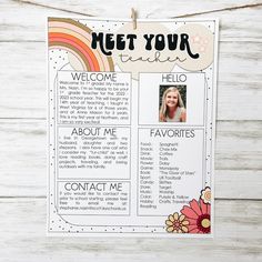 a printable teacher's resume is displayed on a white wooden background with flowers