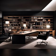 an office with black walls and lots of bookshelves on the shelves is lit by lamps