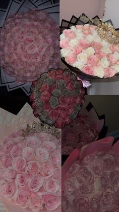 four different pictures of pink roses in a bowl and on top of the same box