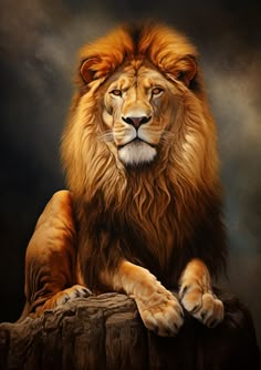 a painting of a lion sitting on top of a tree stump in front of a dark background