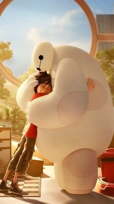 a woman is hugging a giant stuffed animal in the shape of a large white bear