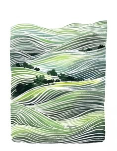 an abstract painting with wavy lines and trees in the distance, on white paper art print