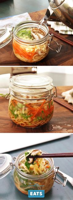 These DIY instant noodle jars are packed with fresh ingredients and go from fridge to ready-to-eat in just 2 minutes with a kettle of boiling water. Noodles In A Jar, Noodle Jars, Lunch In A Jar, Best Camping Food, Mason Jar Lunch, Ramen Dishes, Best Camping Meals