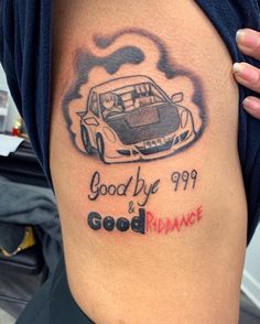 a person with a tattoo on their thigh that says goodbye 999 is good furnace