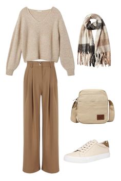 Neutral coloured fall outfit collections, bieng coloured sweater, brown trousers, cute off white bag, bieng sneakers and scarf Brown Knitted Pants Outfit, Light Brown Trousers Outfit Women, Brown Trousers Outfit Aesthetic, Beige Winter Trousers, Sweater And Trousers Outfit, Beige Winter Sweater For Streetwear, Beige And Brown Outfit Ideas Hijab, Cream And Brown Outfits, Light Brown Pants Outfit