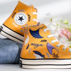 Welcome to LunnNest, a hand embroidered items shop. These are the most meticulously embroidered shoes that I give to you. I embroider them carefully and thoroughly with skillful hands. Converse type: Converse High Tops Chuck Taylor 1970s Converse color:  12. 1970s_Yellow Price includes: Shoes + Embroidery as Pictured I can buy it for you at a store near your home or you can send me the canvas shoes you have available. Your embroidered Converse, Vans shoes are ready to ship in 8-16 days. I need t Cheap Yellow Embroider Shoes, Blue Converse Embroidery, Embroidery Shoes Vans, Yellow Converse Embroidery, Sunflower Converse Embroidery, Converse Types, Embroidered Converse, Manta Ray, Embroidered Shoes