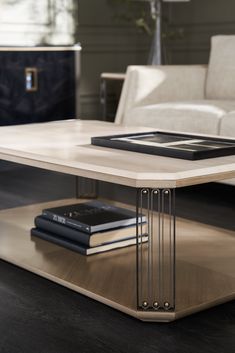 a coffee table with two books on it