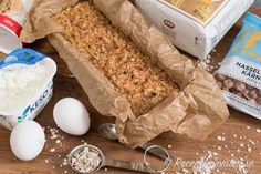 an image of food on the table with eggs and milk in it's containers