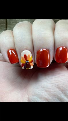 Turkey was freehand. Look at those cute litlle eyes Cute Turkey Nail Designs, Fall Nails Turkey, Easy Turkey Nail Design, Turkey Nail Art Designs, Kid Thanksgiving Nails, Thanksgiving Nail Ideas Turkey, Turkey Nails Art, Hand Turkey Nails, Thanksgiving Nails With Turkey