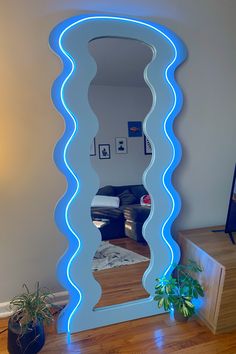 Wavy mirror. LED mirror. Blue home decor. Pastel home decor. Curvy Mirrors, Curvy Mirror, Floor Length Mirror, Wavy Mirror, Ideas Decoracion, Mirror Shapes, Splash Of Color, Length Mirror, House Rooms