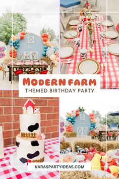 modern farm themed birthday party with red and white checkered tablecloths, hay bales, barn decorations, cake