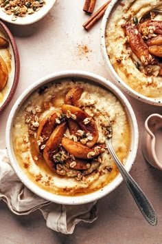 three bowls of oatmeal with cinnamon and nuts