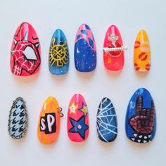 spiderpunk nails, forever a fave #nailart #nailartist #pressonnails #pressons #custompressonnails #custompressons #melbournesmallbusiness #melnournenailtech #melbournepressons #melbournenailartist #melbournenails #spiderpunkfanart #hobiebrownfanart #hobiebrown #spiderpunk #spidermanfanart #spidermanart #spidermannails #spiderpunknails Spidergwen Nail Art, Spiderpunk Nails, Spider Man Press On Nails, Nails With Spaceship Charm, Spaceship Charm Nails, Punk Nails, Nail Stuff, April 26, Spiderman Art