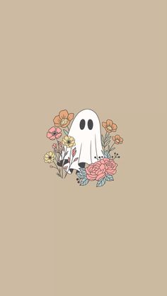 the ghost is surrounded by flowers and plants on a beige background with an orange border