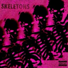 the silhouettes of four people in front of a pink background with text that reads skeletons