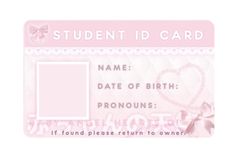 a pink student id card with hearts on it