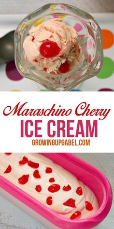 ice cream in a bowl with hearts on it and the words manchino cherry ice cream