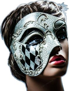 a woman wearing a silver mask with black and white checkerboard on the face