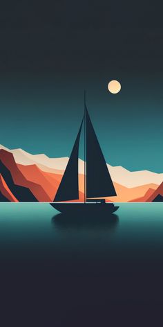 a painting of a sailboat in the ocean with mountains in the background at night