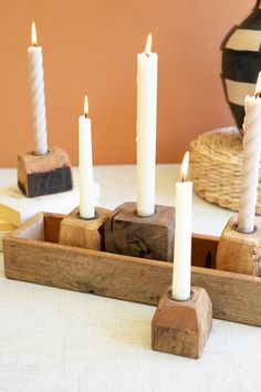 FIVE RECYCLED WOOD TAPER CANDLE HOLDERS IN A WOODEN TRAY Wood Candle Holders Diy, Wooden Candle Stand, Windmill Decor, Block Candles, Candle Stick Decor, Taper Candle Holder, Diy Candle Holders, Diy Wooden Projects, Advent Candles