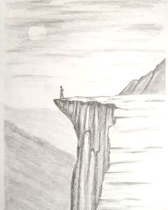 a pencil drawing of a man standing at the edge of a cliff