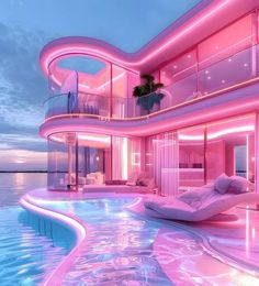 a pink house that is next to the ocean at night with its lights on and an inflatable pool