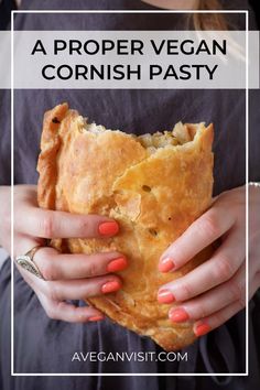 a woman holding a pastry in her hands with text overlay that reads, a proper vegan danish pastry